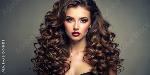 Close-up Portrait of Woman with Long Curly Brown Hair, Soft Lighting, Focus on Eyes and Lips, Beauty and Style, Hair Care, Fashion, Woman