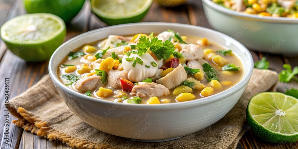 Creamy Chicken Corn Chowder in White Bowl with Lime Slices, chicken corn chowder, soup recipe, food photography Creamy Chicken Corn Chowder in White Bowl with Lime Slices, chicken corn chowder, soup recipe, food photography