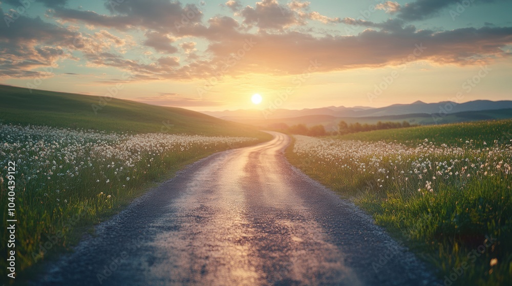 Fototapeta premium Serene Winding Road in Lush Green Countryside at Sunset