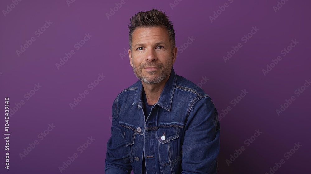 Obraz premium Casual Style and Confidence: Denim Jacket Against Bold Purple Backdrop for Design Use