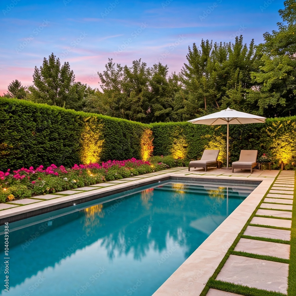 luxury pool and patio with lush greenery and blue sky at dusk luxury pool and patio with lush greenery and blue sky at dusk