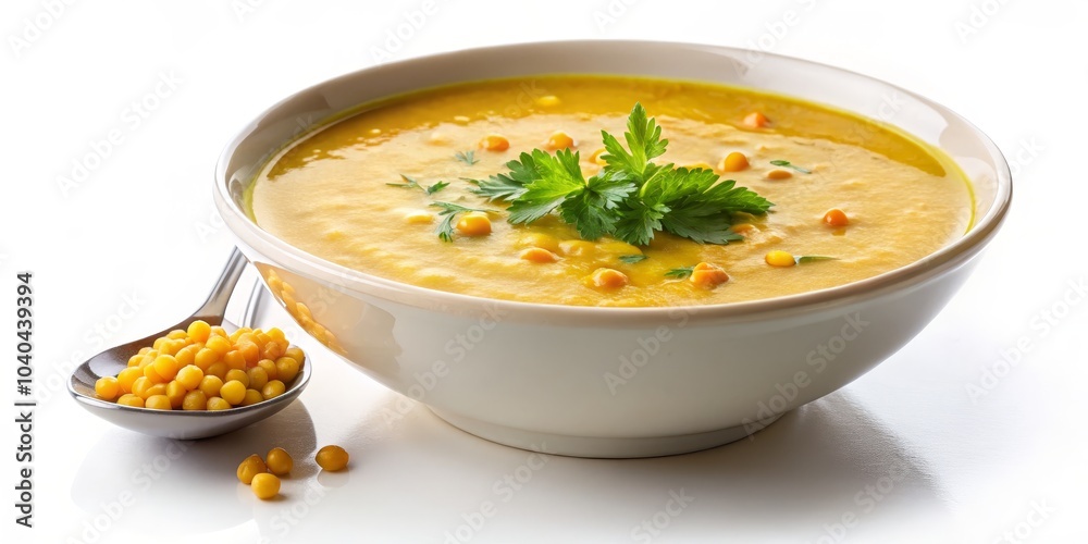 Creamy Yellow Soup with Parsley Garnish in White Bowl, white background, food photography , soup , garnish Creamy Yellow Soup with Parsley Garnish in White Bowl, white background, food photography , soup , garnish