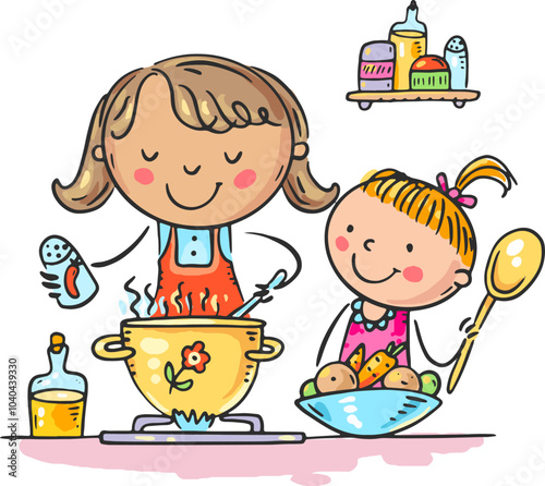 Mother and daughter cooking together on kitchen. Cartoon family activities clipart. Parenting, motherhood concept. Parent actively spends time with child