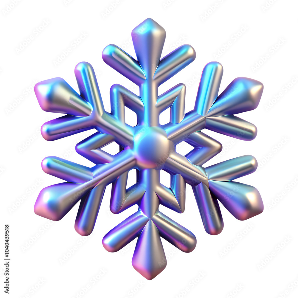 3D plastic holographic snowflake. Realistic 3d element of shimmering metallic snowflake isolated on white background 3D plastic holographic snowflake. Realistic 3d element of shimmering metallic snowflake isolated on white background