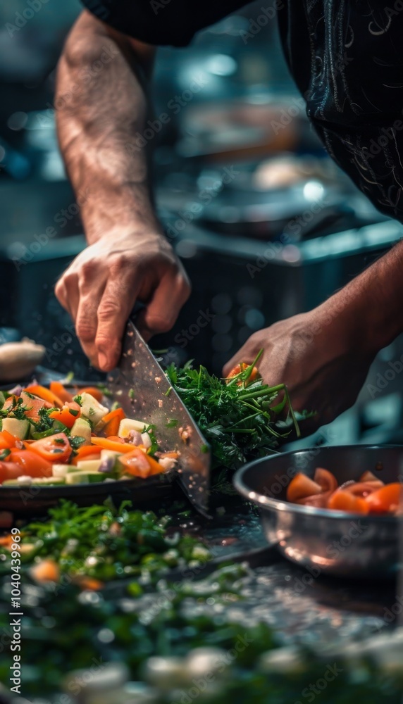 Female cook's hand expertly cutting vegetables a bustling restaurant kitchen, highlighting precision Female cook's hand expertly cutting vegetables a bustling restaurant kitchen, highlighting precision