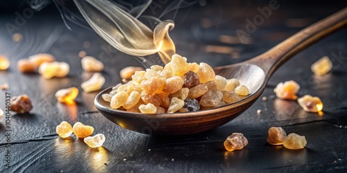 Frankincense Resin in Wooden Spoon with Smoke, incense, resin, aroma, frankincense photo