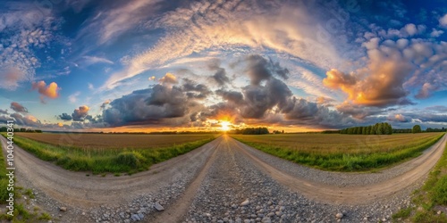 Fork in the Road at Sunset, 360-degree Panorama, Dramatic Clouds, Gravel Path, Golden Hour, Landscape, Nature photo