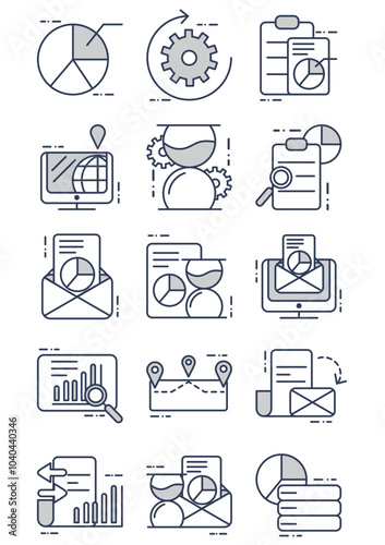 Set of office work vector icons in black lines on a white background