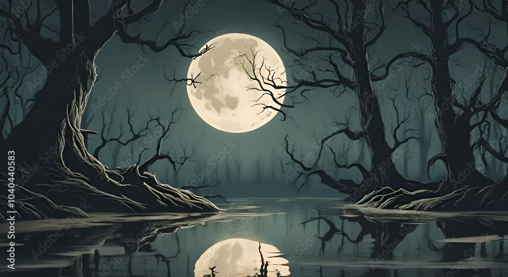 Calm swampy river among old creepy trees in dark forest at night with full moon Scary Halloween concept Dark and mysterious background 4K