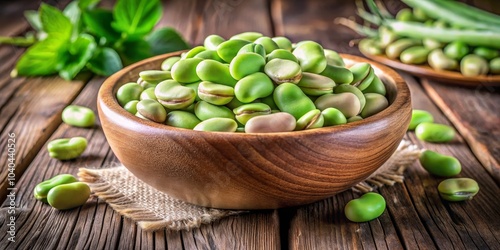 Fresh Green Fava Beans in Wooden Bowl on Rustic Wooden Table, fava beans, broad beans, legumes