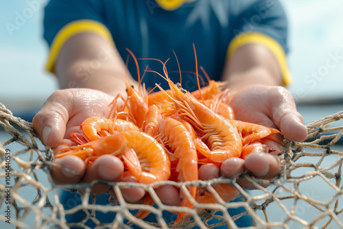 Close-up of fresh shrimp being sorted in a fishing net by the water's edge photo