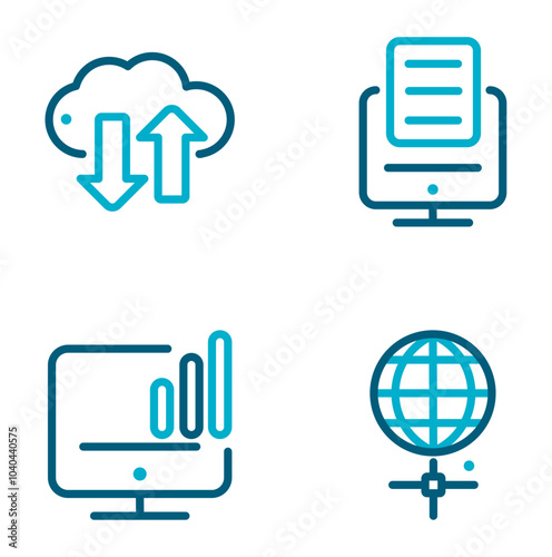 Set of internet network vector icons in blue lines on a white background