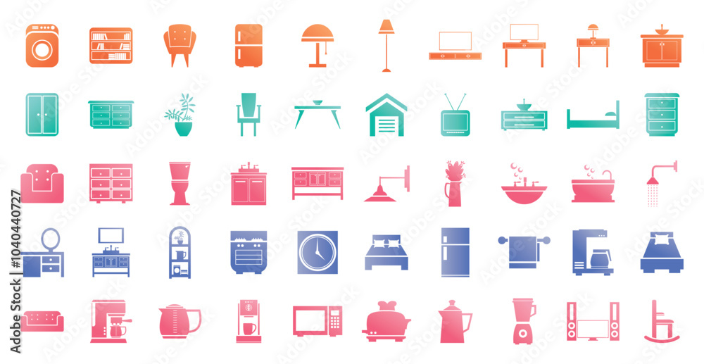 Vector icon set of household items on white background
