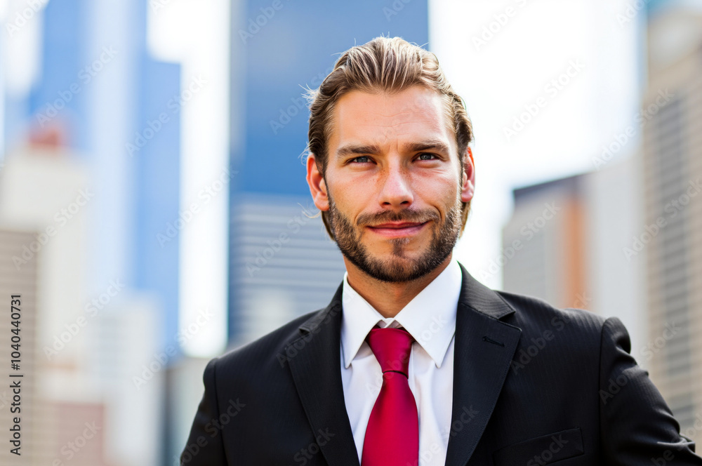 Businessman smiling with city skyline in background Businessman smiling with city skyline in background