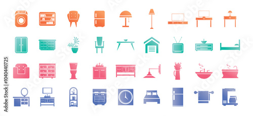 Vector icon set of household items on white background