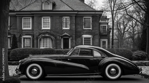 Classic Black Coupe Parked in Front of a Brick House