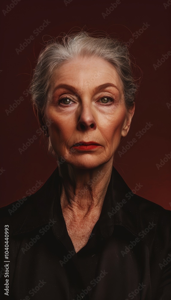 Fototapeta premium Pensive Middle-Aged Woman Against Burgundy Background for Thoughtful Contemplation Design