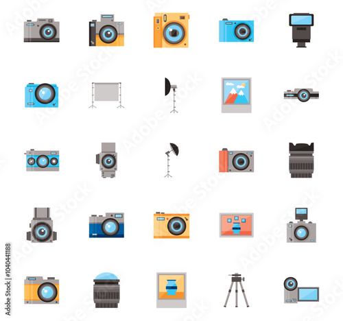 Set of vector icons of photo cameras on white background