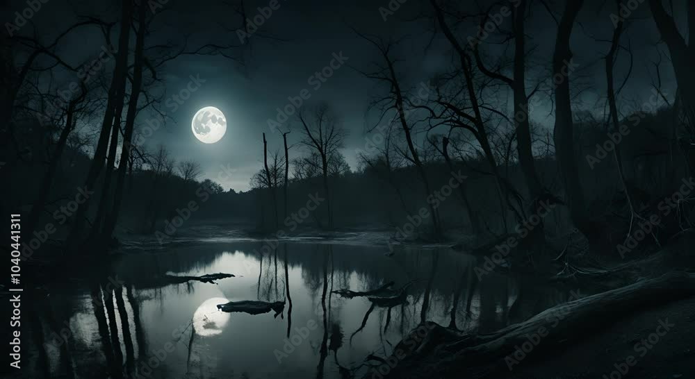 Calm swampy river among old creepy trees in dark forest at night with full moon Scary Halloween concept Dark and mysterious background 4K Calm swampy river among old creepy trees in dark forest at night with full moon Scary Halloween concept Dark and mysterious background 4K