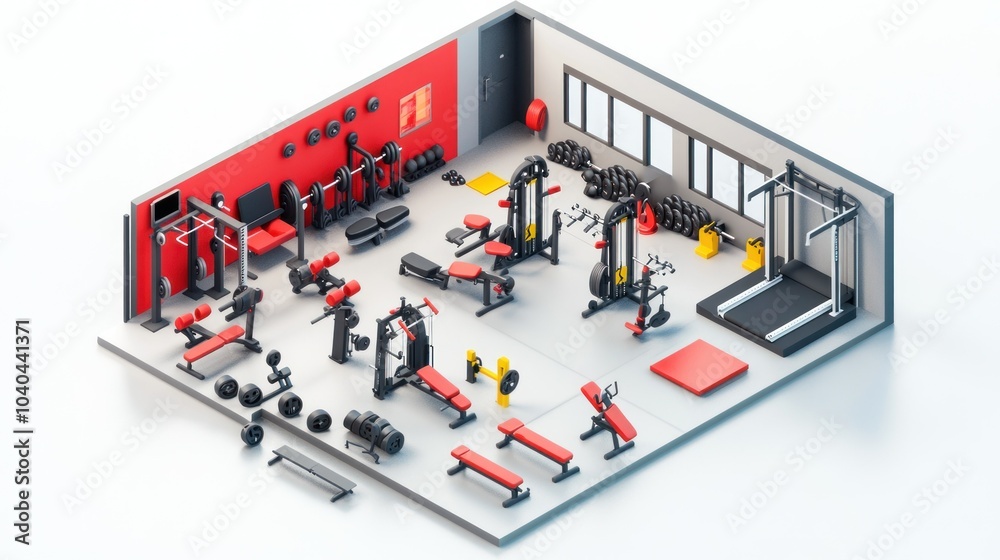 Isometric View of a Well-Equipped Gym with Various Exercise Machines Isometric View of a Well-Equipped Gym with Various Exercise Machines