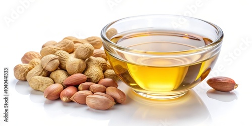 Glass Bowl of Peanut Oil with Peanuts, White Background, Glass, Nut, Oil, Peanut Oil,