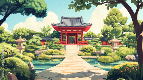 Traditional japanese temple and garden from ancient japan. generative ai. Feudal Japanese Garden. Illustration
