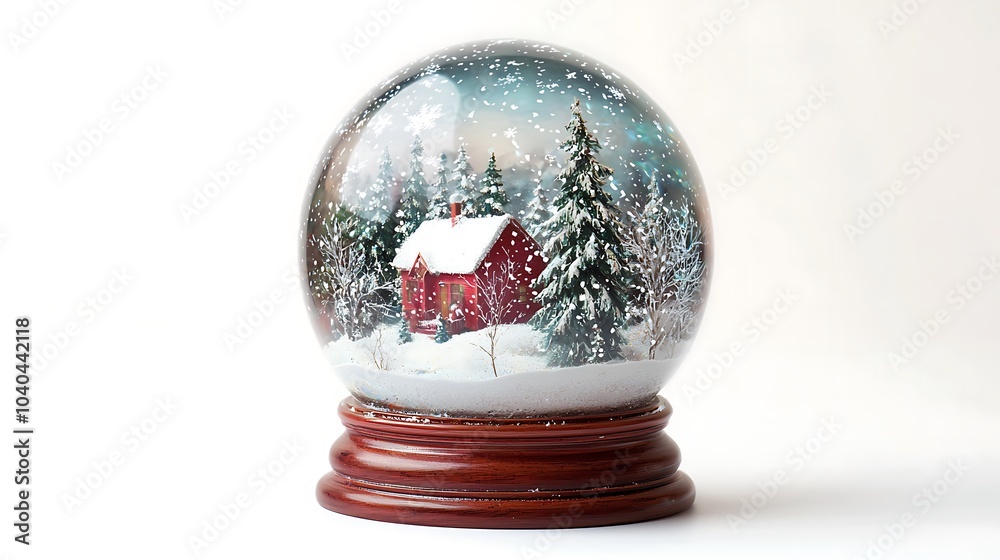 Snow globe featuring a red house surrounded by snow covered evergreens Snow globe featuring a red house surrounded by snow covered evergreens