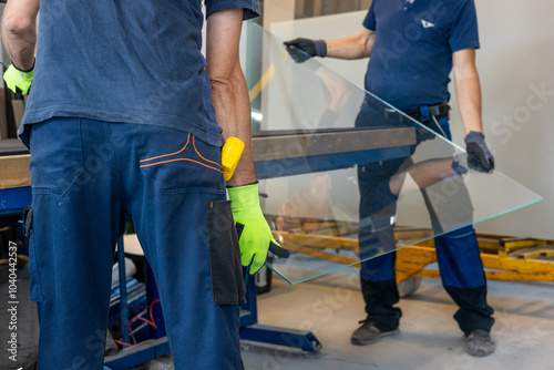 Glaziers place a large pane of glass on a table in the glassworks photo