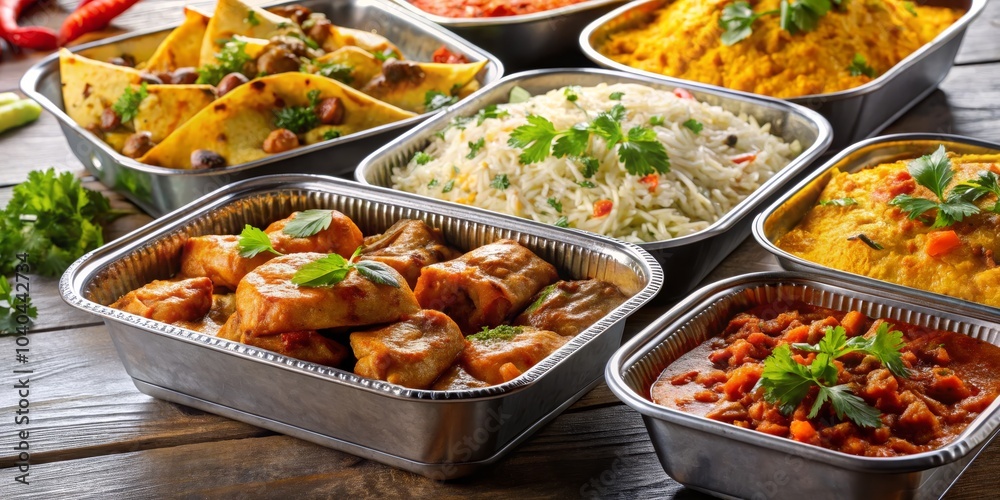 Indian Takeaway Food in Aluminum Containers, Indian Food, Takeout, Curry Indian Takeaway Food in Aluminum Containers, Indian Food, Takeout, Curry