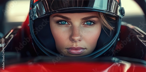 Close-Up Portrait of Female F-20 Race Car Driver in Helmet with Focused Expression