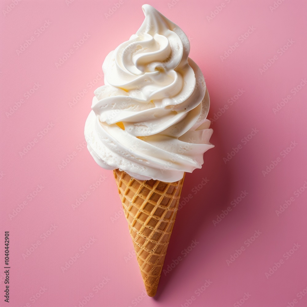 Perfectly Swirled Vanilla Ice Cream Cone on Pink Background Perfectly Swirled Vanilla Ice Cream Cone on Pink Background