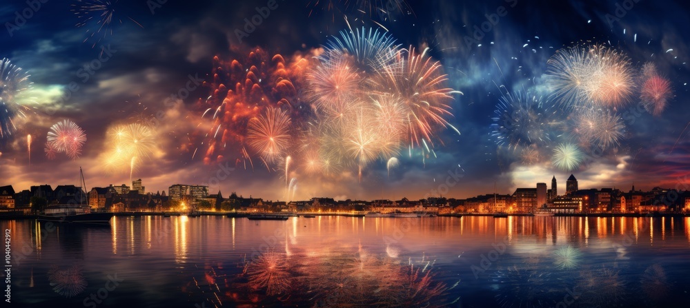 Obraz premium Silvester fireworks reflecting on the sea in a picturesque small city