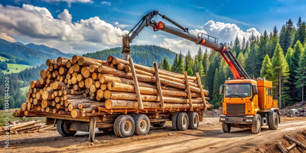 Obraz premium Log Truck Hauling Timber Through Mountain Pass, Logging, Forestry, Timber Industry