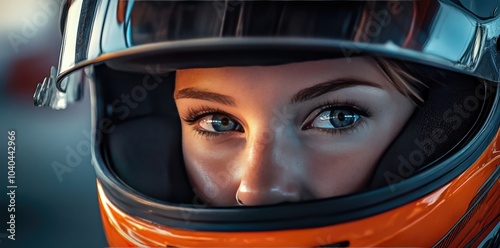 Close-Up Portrait of Female F-20 Race Car Driver in Helmet with Focused Expression photo