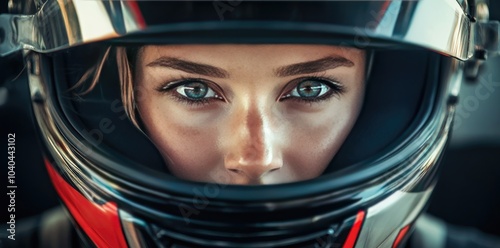 Close-Up Portrait of Female F-20 Race Car Driver in Helmet with Focused Expression