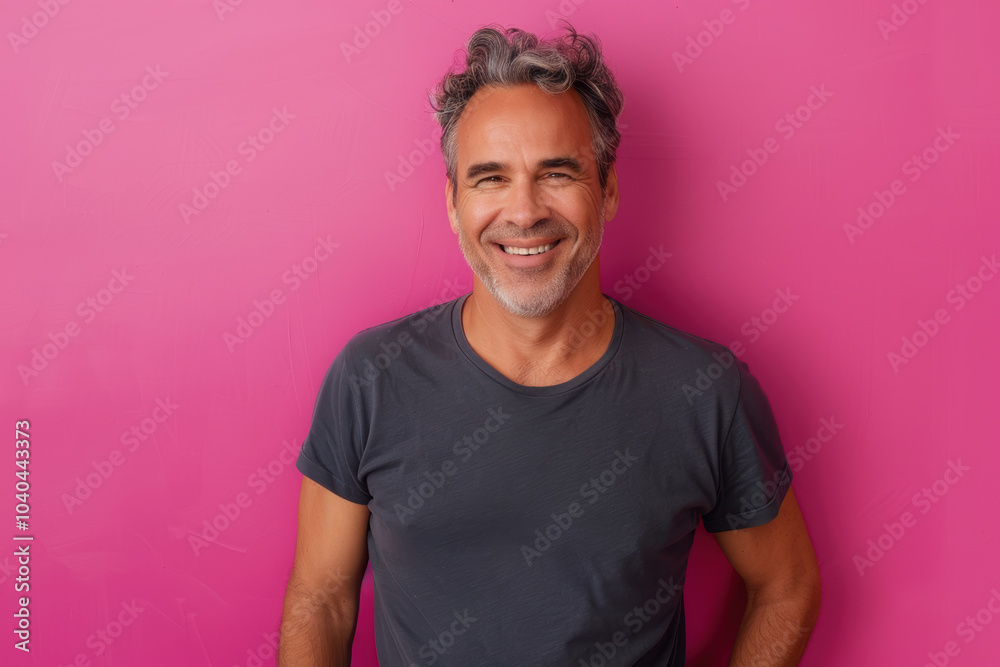 Confident Middle-Aged Man in Grey T-Shirt Against Vibrant Pink Background for Lifestyle Concept Confident Middle-Aged Man in Grey T-Shirt Against Vibrant Pink Background for Lifestyle Concept