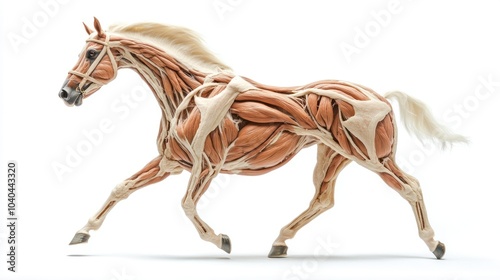 Anatomical Model of a Horse in Motion, Revealing Muscle Structure on white background