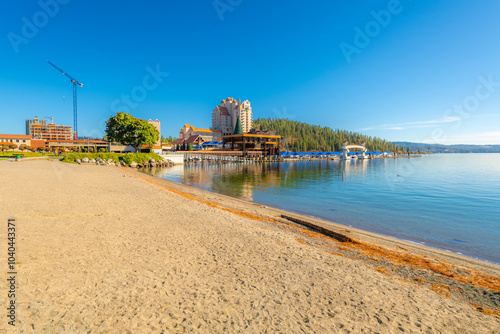 Εκτύπωση καμβά New high rise condominiums going up in the lakefront downtown of Coeur d'Alene, Idaho, with the resort, Tubbs Hill, sandy beach and marina in view