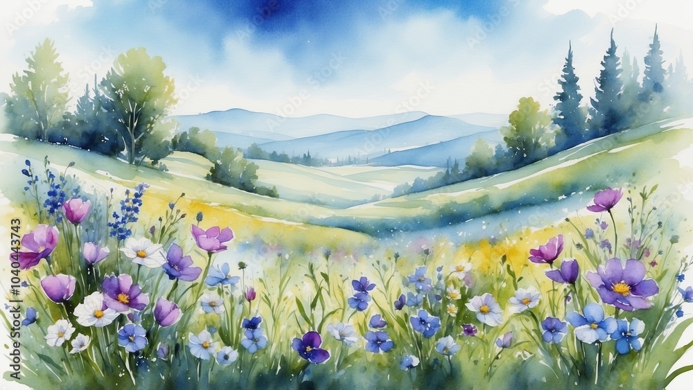 Fototapeta premium Serene autumn landscape with misty river and colorful trees in watercolor style