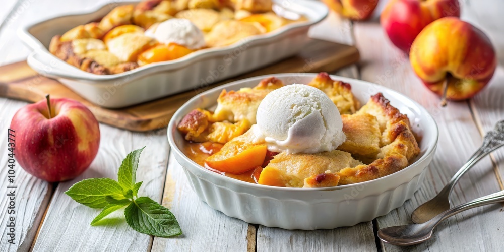 Peach Cobbler with Ice Cream, a Sweet Summer Treat, white wood background, white bowl, mint leaves, dessert, cobbler Peach Cobbler with Ice Cream, a Sweet Summer Treat, white wood background, white bowl, mint leaves, dessert, cobbler
