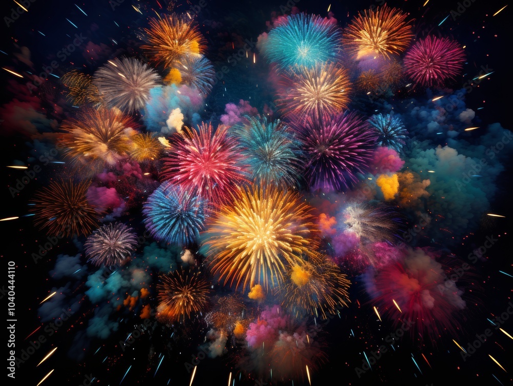 Fototapeta premium Spectacular midnight fireworks burst in dazzling colors against the dark sky