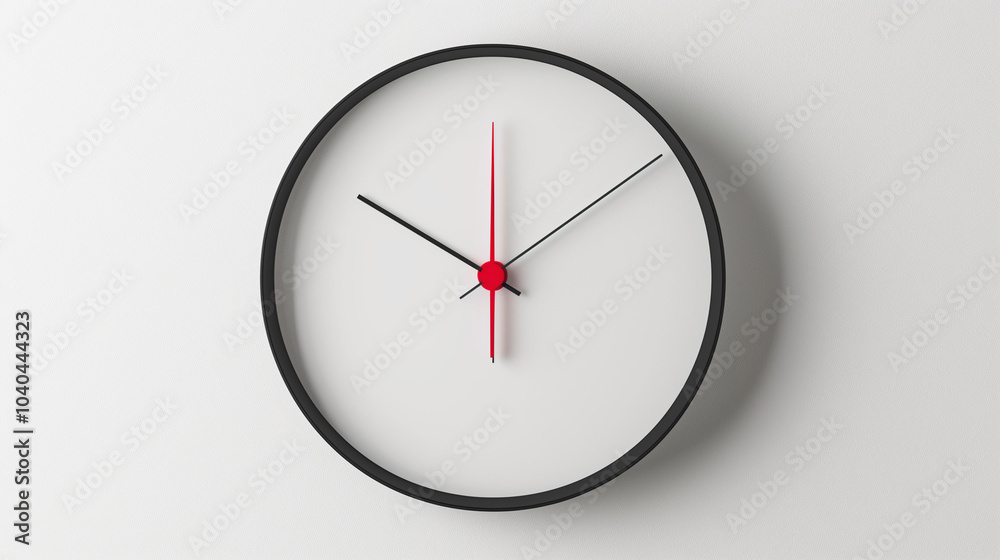Minimalist Black and Red Arrow Clock on White Background, Simple Geometric Design, 3D Rendered Hyper-Realistic Timepiece Minimalist Black and Red Arrow Clock on White Background, Simple Geometric Design, 3D Rendered Hyper-Realistic Timepiece