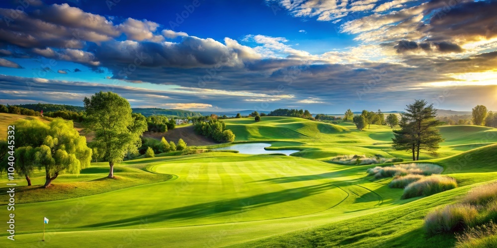 Obraz premium Sunset Over a Golf Course, Green Grass, Lush Landscape, Golf, Nature, Sports