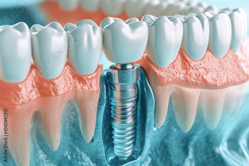 Dental implants in teeth, close-up view showing natural-looking restoration and healthy gums. photo