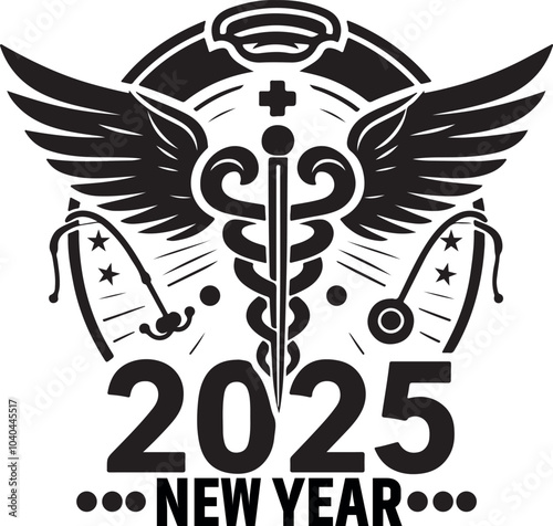 Happy New Year 2025 Medical Logo with Wings Silhouette Vector Design.