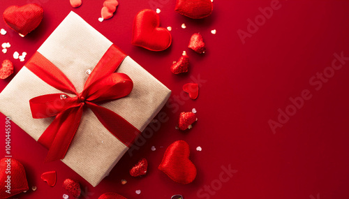 red gift box with red ribbon and heart on red background, Gift boxes and red hearts on red background. International Women's Day, Valentine's day, Mother's Day, Greeting cards photo