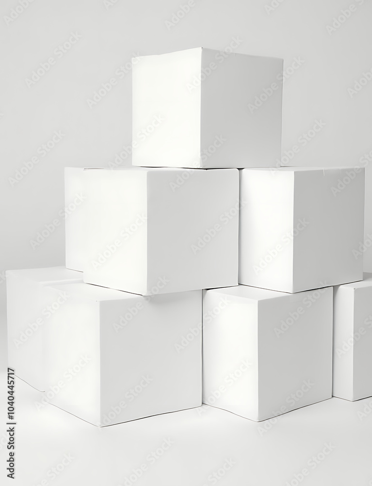 Obraz premium Stacked white boxes pile up in a towering high heap of identical cardboard containers.