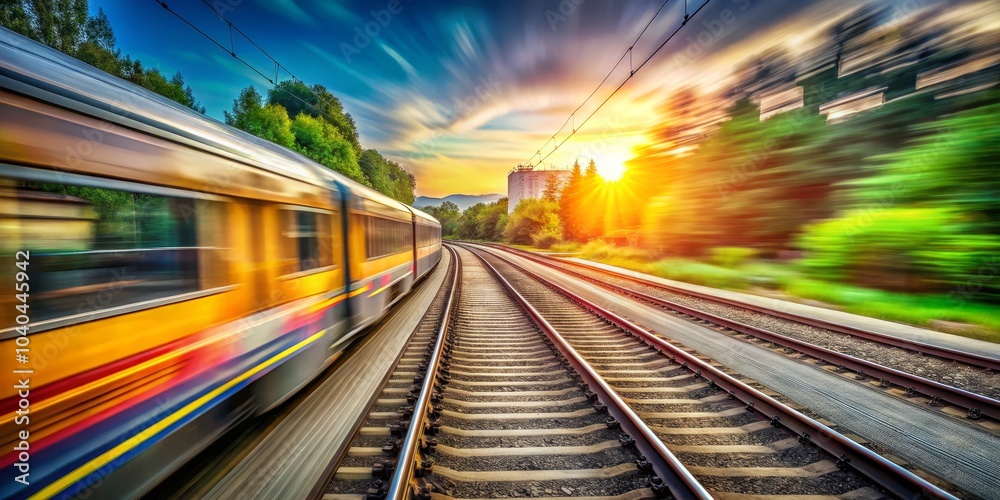 Train Speeding Through Sunset Landscape, Motion Blur, Railway, Travel, Transportation Train Speeding Through Sunset Landscape, Motion Blur, Railway, Travel, Transportation