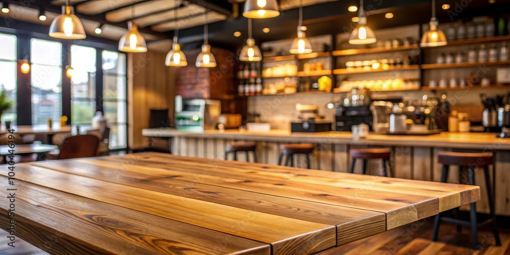 Warm Wooden Tabletop in a Cozy Cafe, Cafe Interior, Wooden Table, Cozy Atmosphere Warm Wooden Tabletop in a Cozy Cafe, Cafe Interior, Wooden Table, Cozy Atmosphere