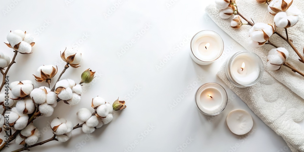Fototapeta premium White Cotton and Candles on a White Background, Spa, Relax, Aromatic, Candlelight
